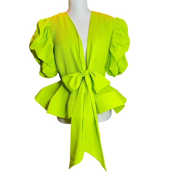 # A201 N by Nancy Romantic Glam Neon Green Puff Sleeve Peplum  Blouse NWT M - Picture 1 of 8